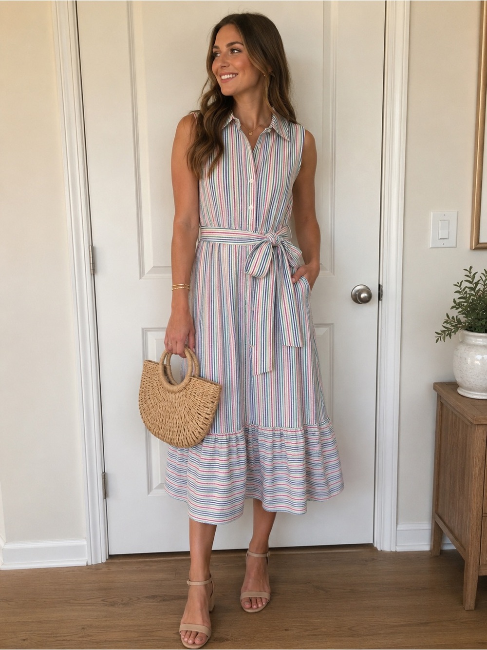 Sleeveless Stripe Tie-Waist Cotton Dress - Multicolor